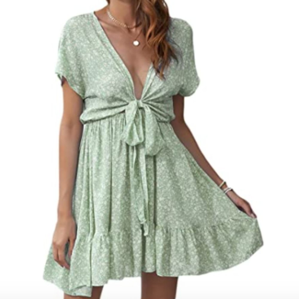 Deep V Neck Tie Front Ruffle Hem Dress